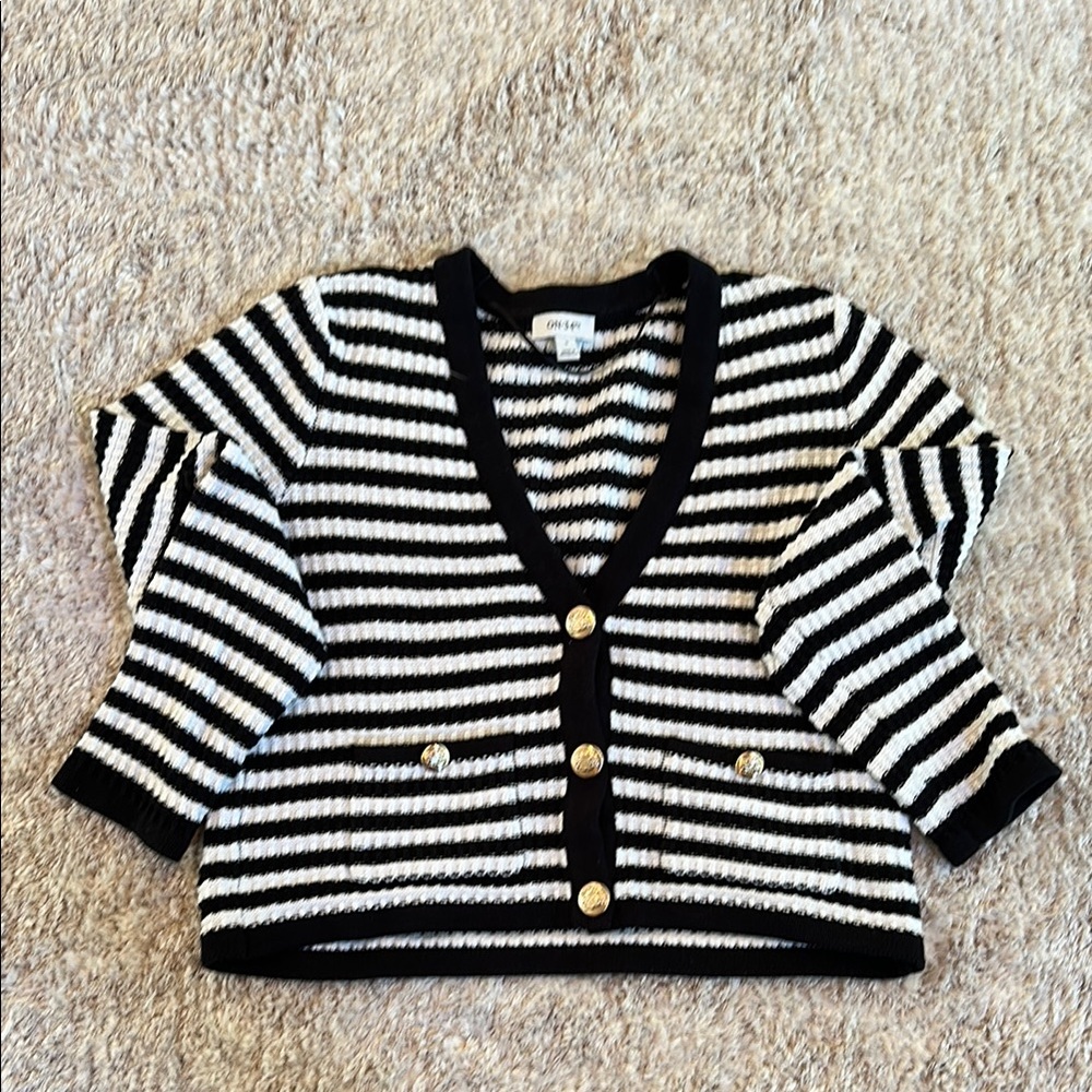 Black and White Striped Cropped Cardigan Sweater